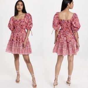 Cara Cara Lenny Mini Dress Puff Tie Sleeve Paisley Floral Red Size Medium